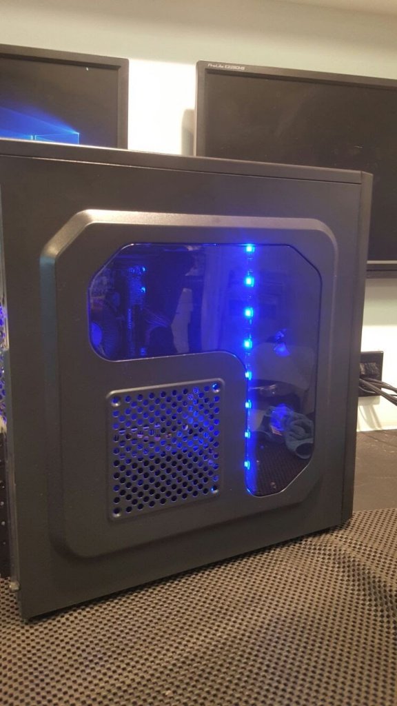 Gaming PC side shot with blue lights