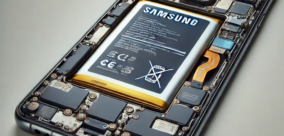 DALL·E 2024-08-05 11.17.17 - A realistic, high-quality image of a Samsung smartphone with the screen removed, clearly revealing the battery and internal components, similar to a r