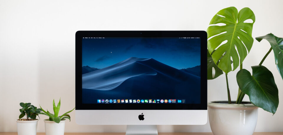 PHATTHALUNG, THAILAND - JANUARY 12, 2020: iMac computer, keyboard, magic mouse, monstera plant pot and small plant pots on wooden table, created by Apple Inc.